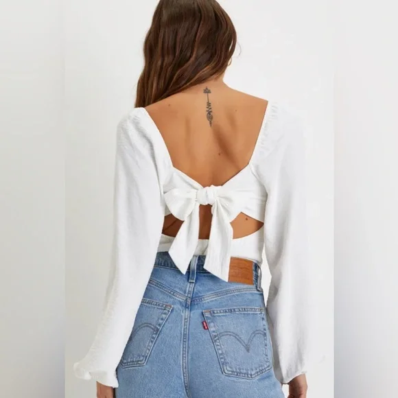 Lulus Abundance of Love White Textured Long Sleeve Tie-Back Bodysuit Small NEW - Picture 1 of 4